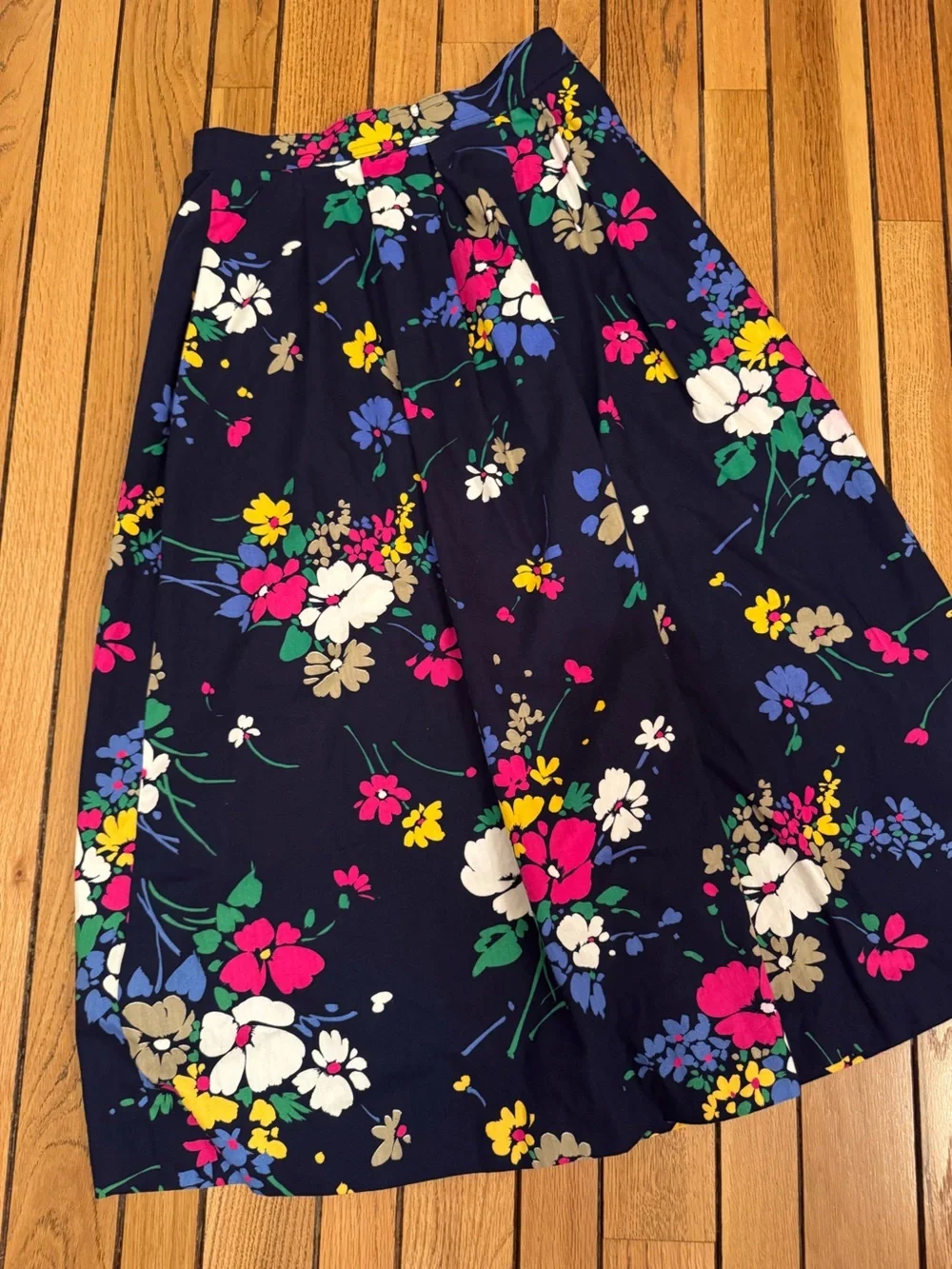 Vintage Aston Navy Floral A-Line Midi Skirt with Pink, White, Yellow & Green